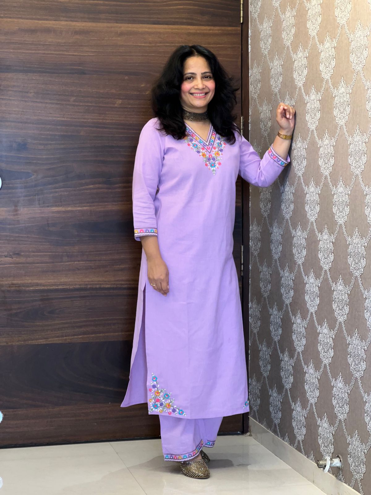 Purple Colour Cotton Flex Kurti-Pant Set