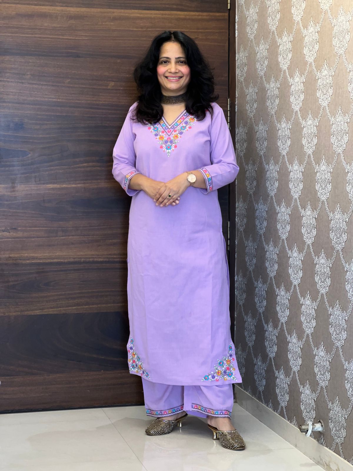 Purple Colour Cotton Flex Kurti-Pant Set