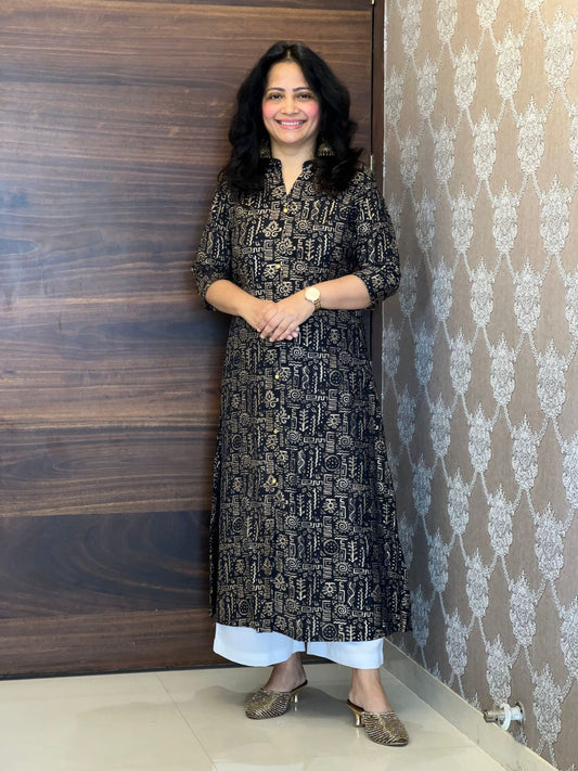 Black Color Pure Muslin A-Line Kurti