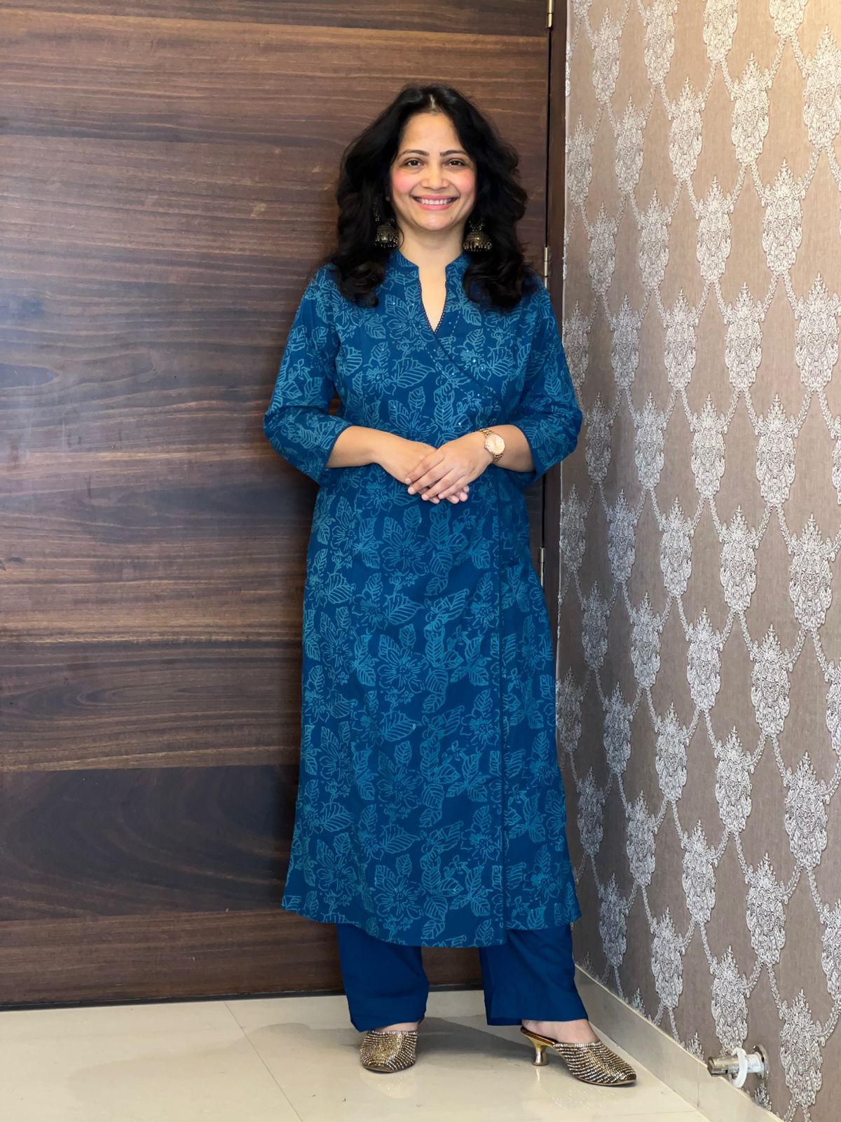 Deep Teal Blue Colour Angrakha Style Pure Cotton Dupatta Set