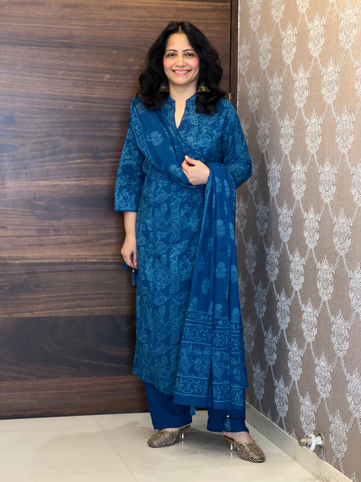 Deep Teal Blue Colour Angrakha Style Pure Cotton Dupatta Set