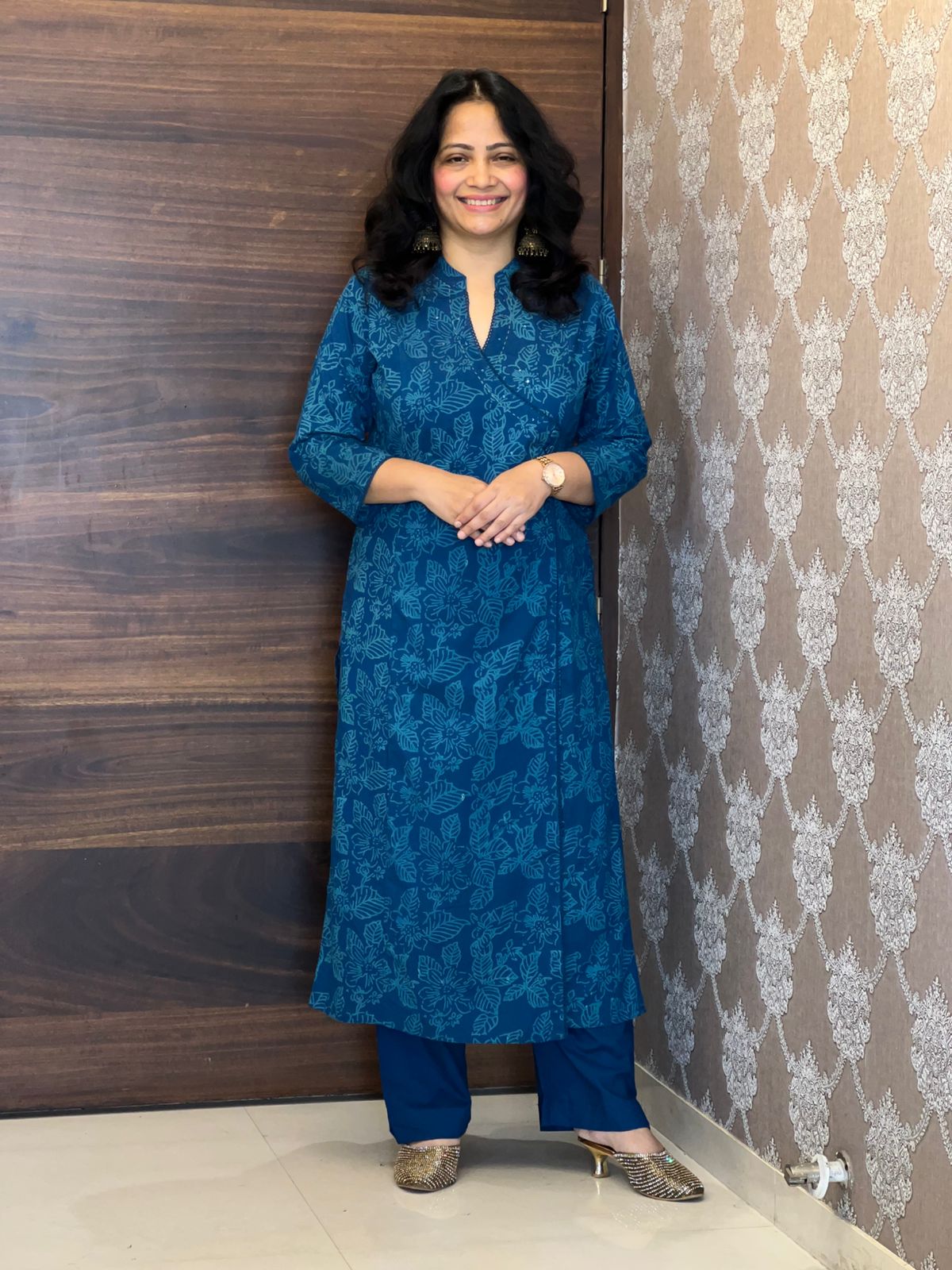 Deep Teal Blue Colour Angrakha Style Pure Cotton Dupatta Set