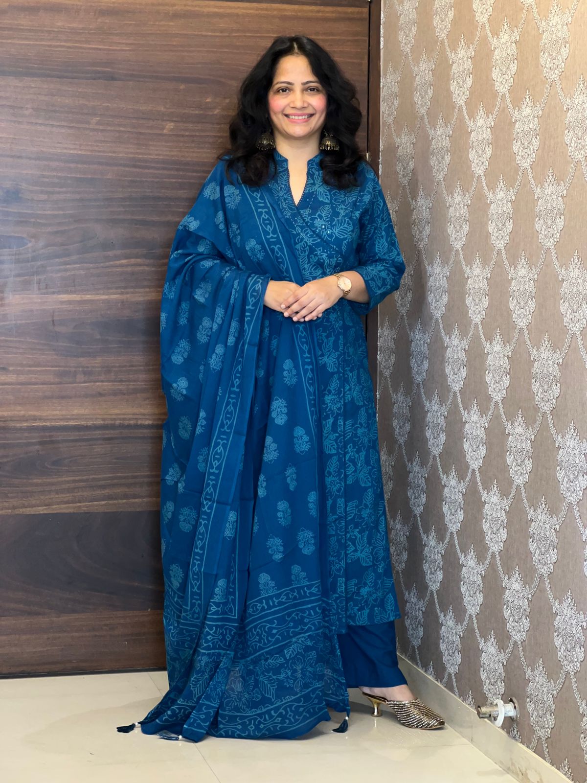 Deep Teal Blue Colour Angrakha Style Pure Cotton Dupatta Set
