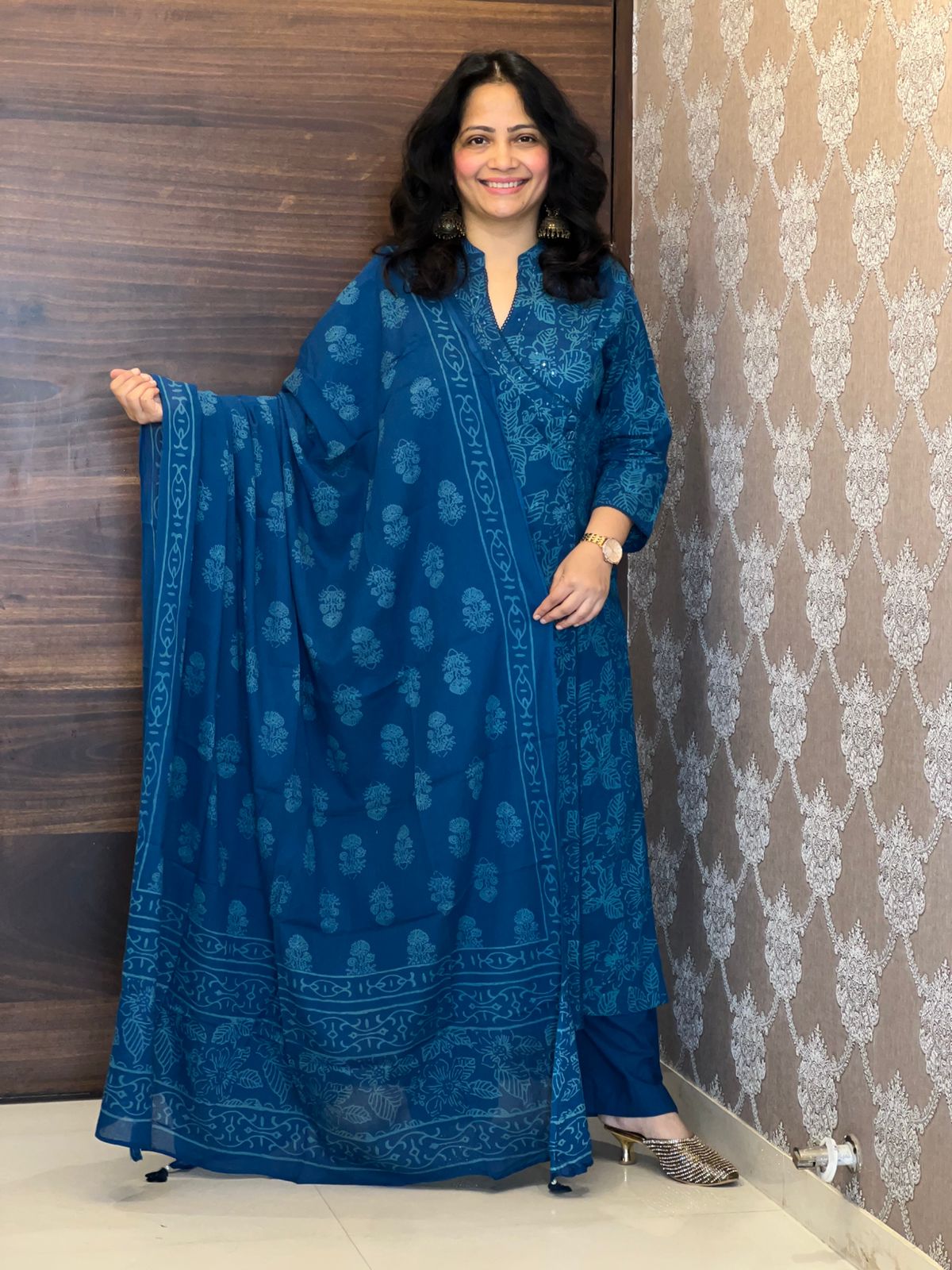 Deep Teal Blue Colour Angrakha Style Pure Cotton Dupatta Set