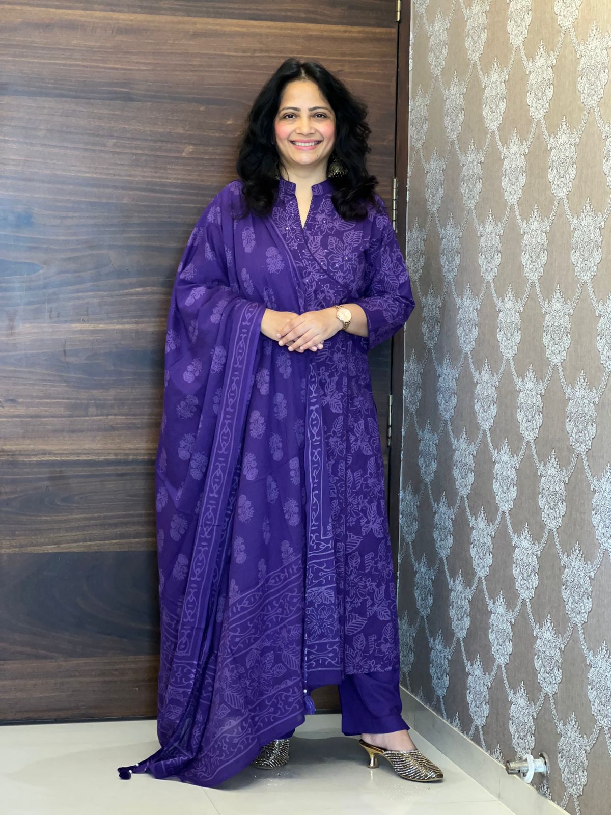 Deep Royal Purple Colour Angrakha Style Pure Cotton Dupatta Set