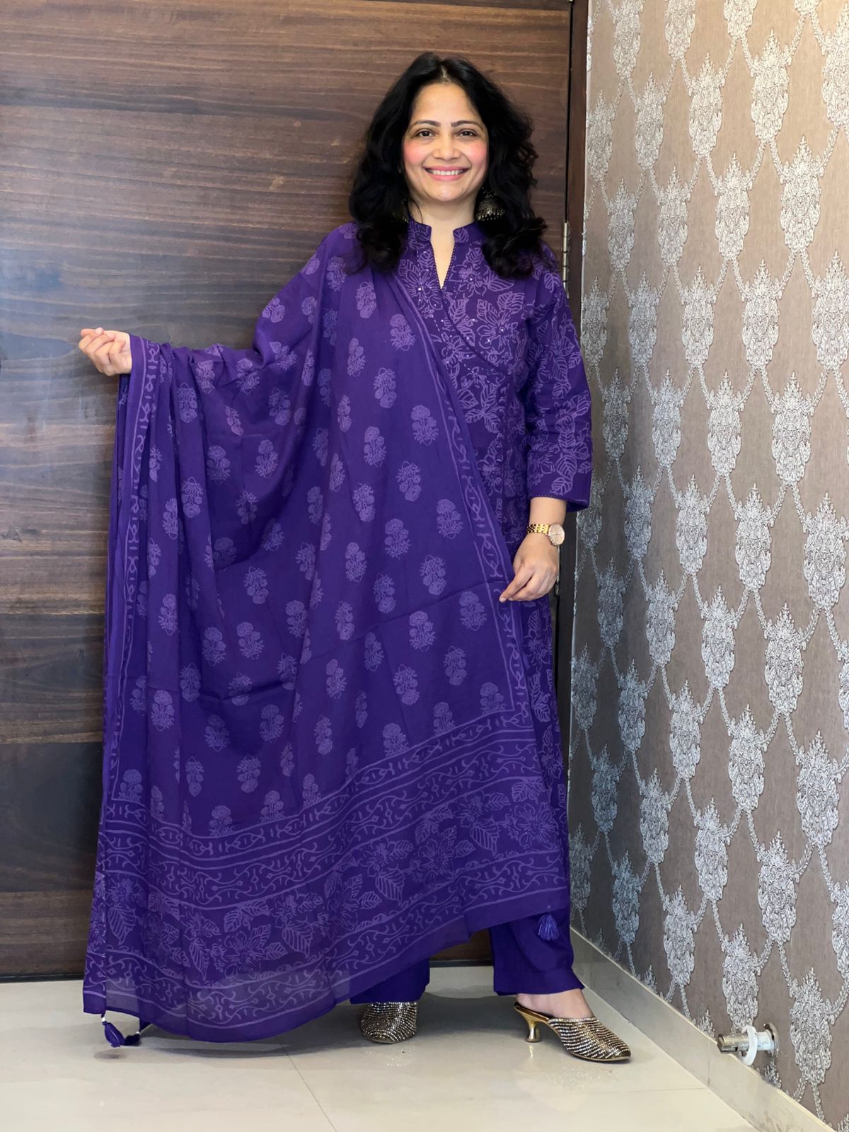 Deep Royal Purple Colour Angrakha Style Pure Cotton Dupatta Set