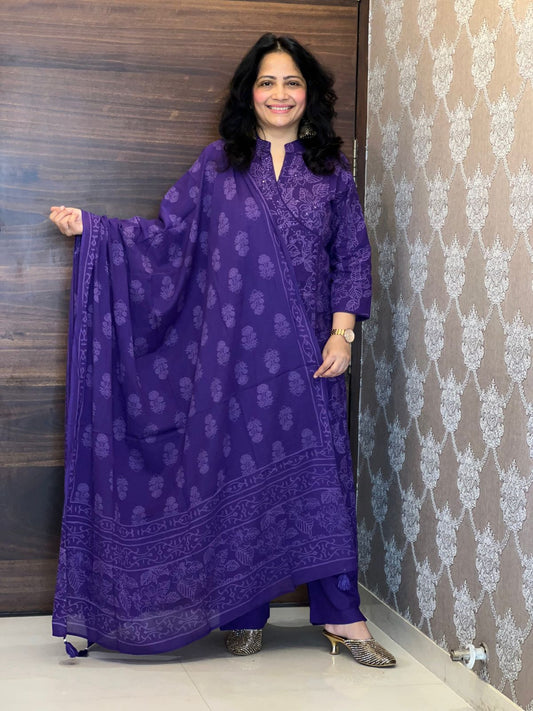 Deep Royal Purple Colour Angrakha Style Pure Cotton Dupatta Set