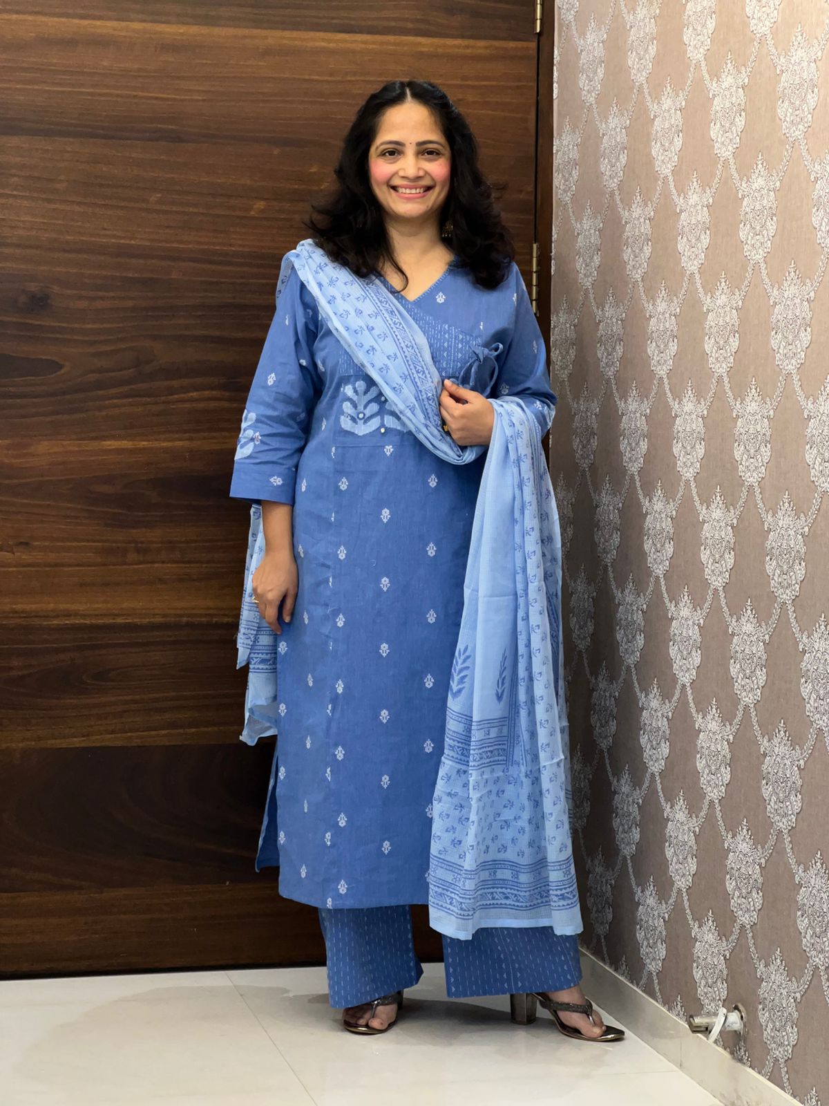 Denim Blue Colour Handloom Cotton With Jacquard Weaving Dupatta Set