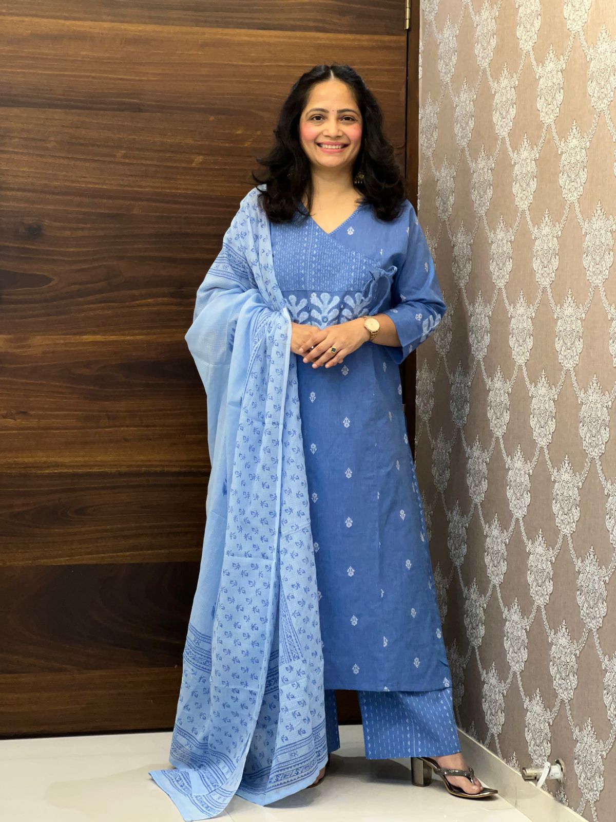 Denim Blue Colour Handloom Cotton With Jacquard Weaving Dupatta Set