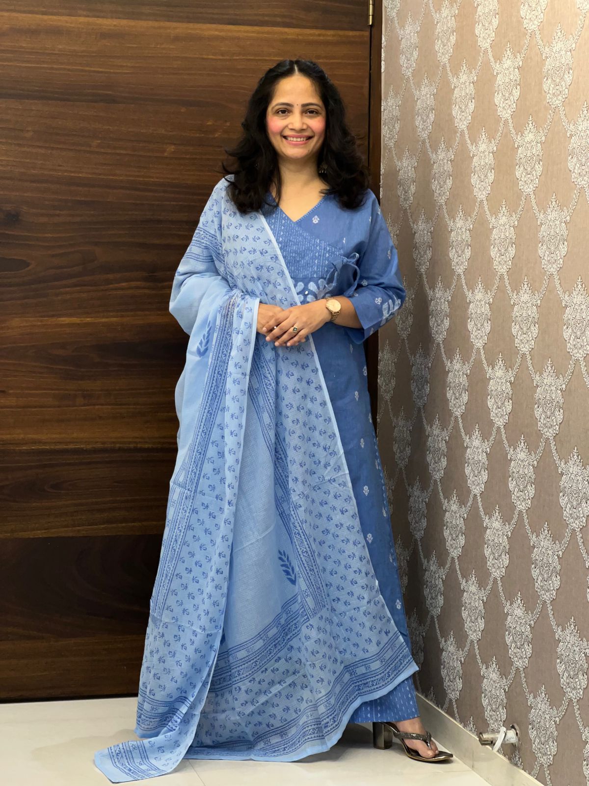 Denim Blue Colour Handloom Cotton With Jacquard Weaving Dupatta Set