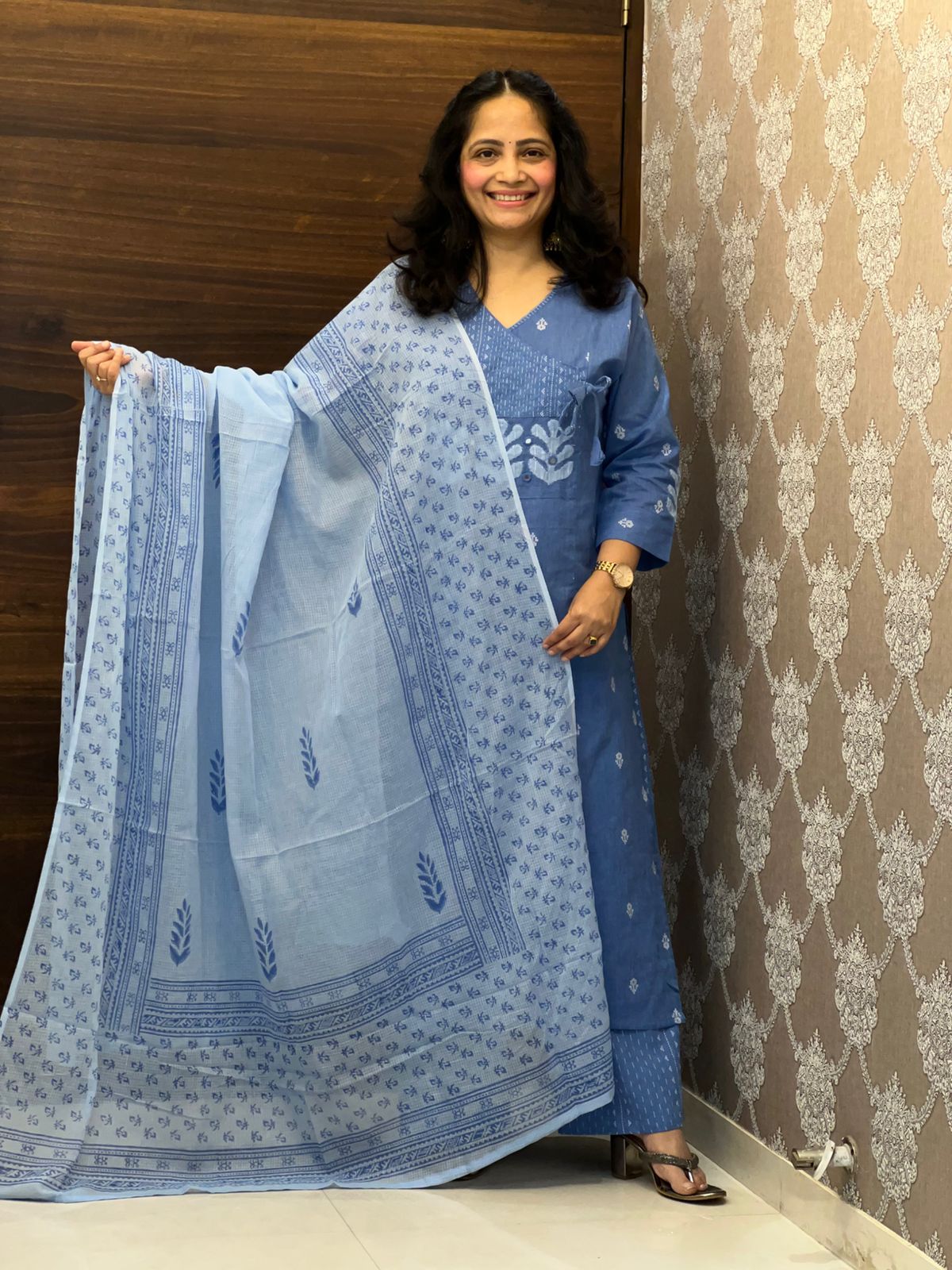 Denim Blue Colour Handloom Cotton With Jacquard Weaving Dupatta Set