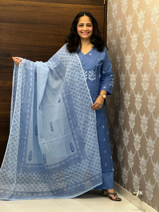 Denim Blue Colour Handloom Cotton With Jacquard Weaving Dupatta Set