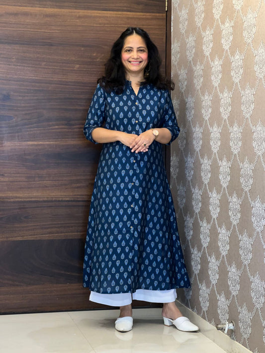 Blue Color Pure Muslin A-Line Kurti