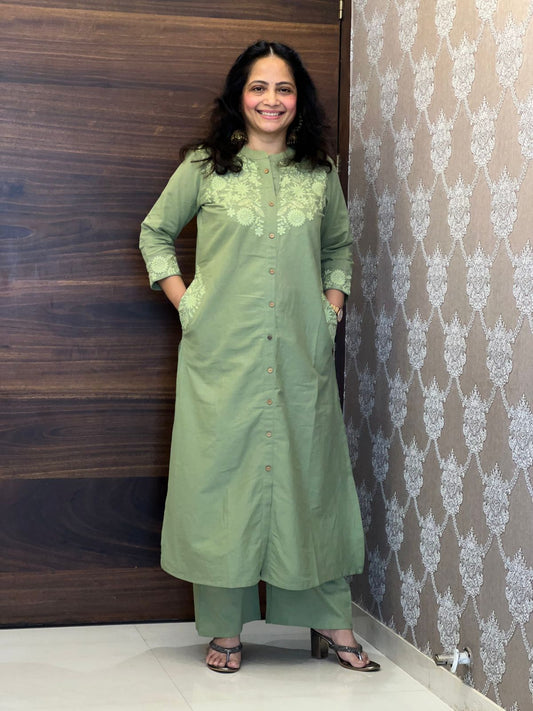 Sage Green Colour Cotton Flex Kurti-Pant Set