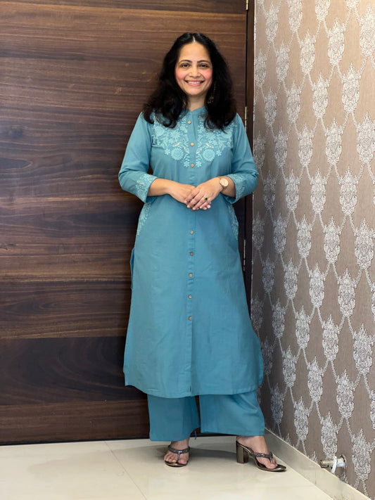 Muted Turquoise Colour Cotton Flex Kurti-Pant Set