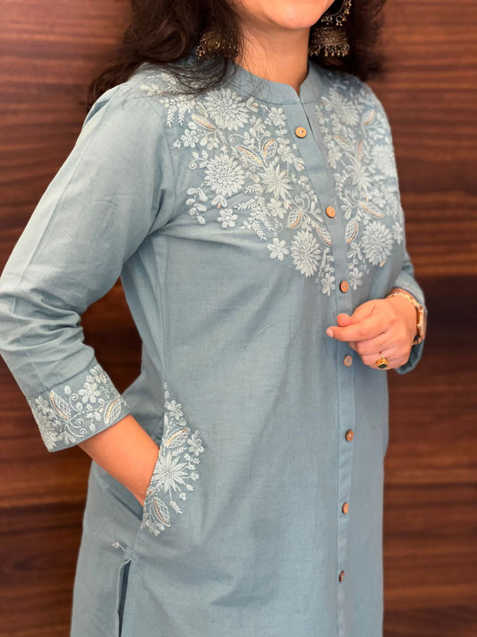 Muted Turquoise Colour Cotton Flex Kurti-Pant Set