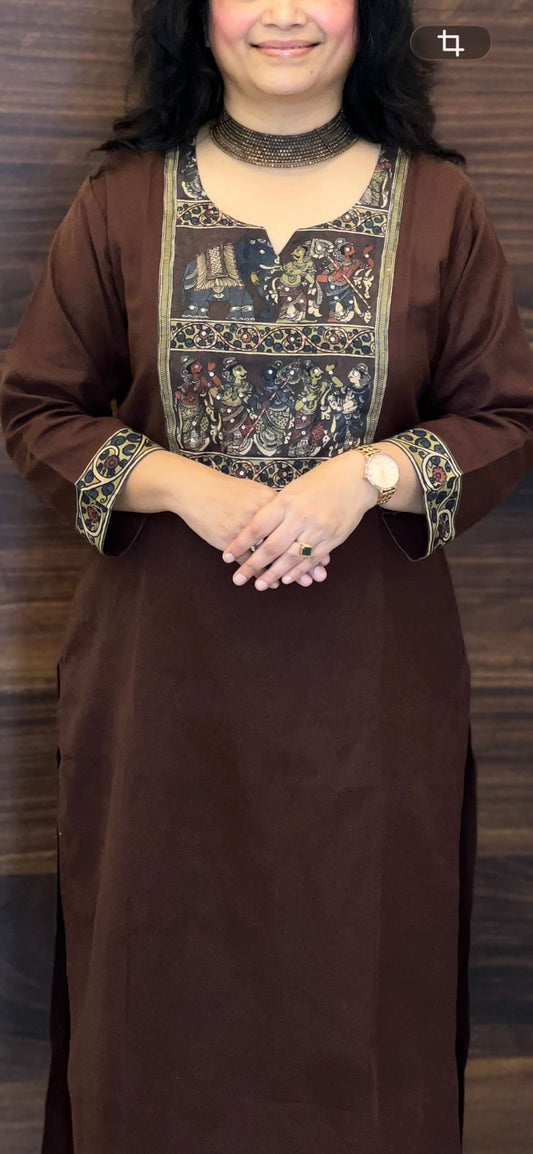 Coffee Brown Colour Kalamkari Dupatta Set