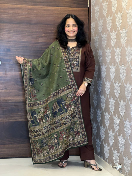 Coffee Brown Colour Kalamkari Dupatta Set