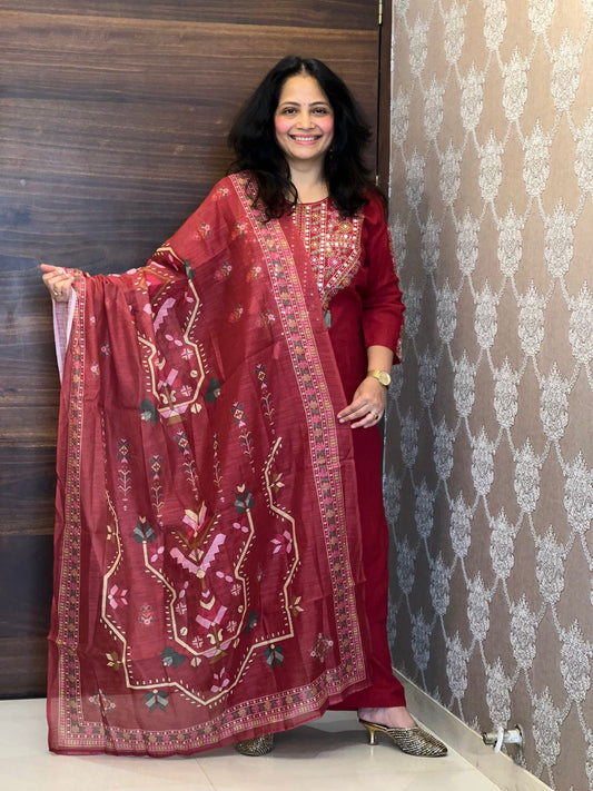 Maroon Colour Cotton Slub Dupatta Set