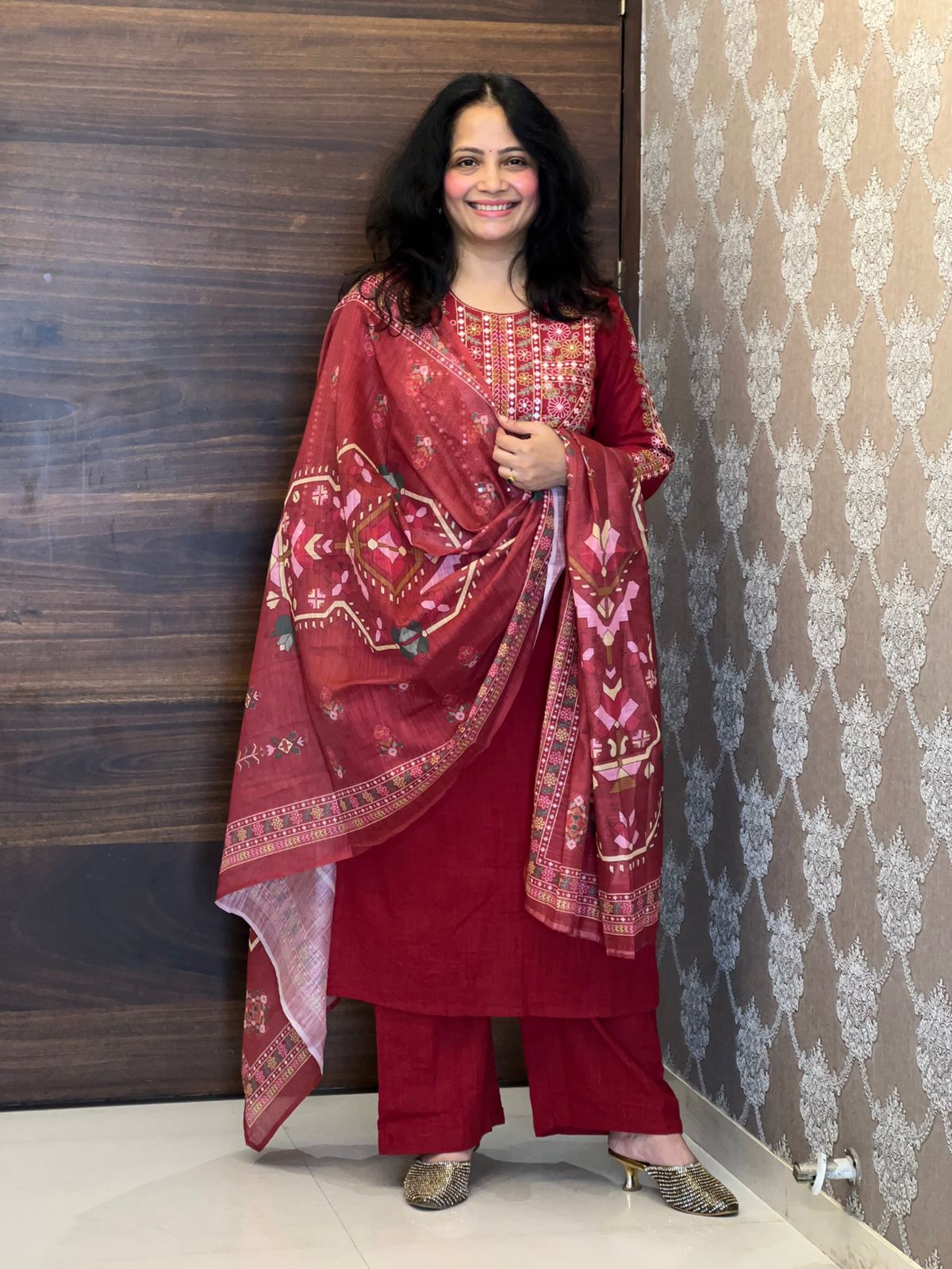 Maroon Colour Cotton Slub Dupatta Set
