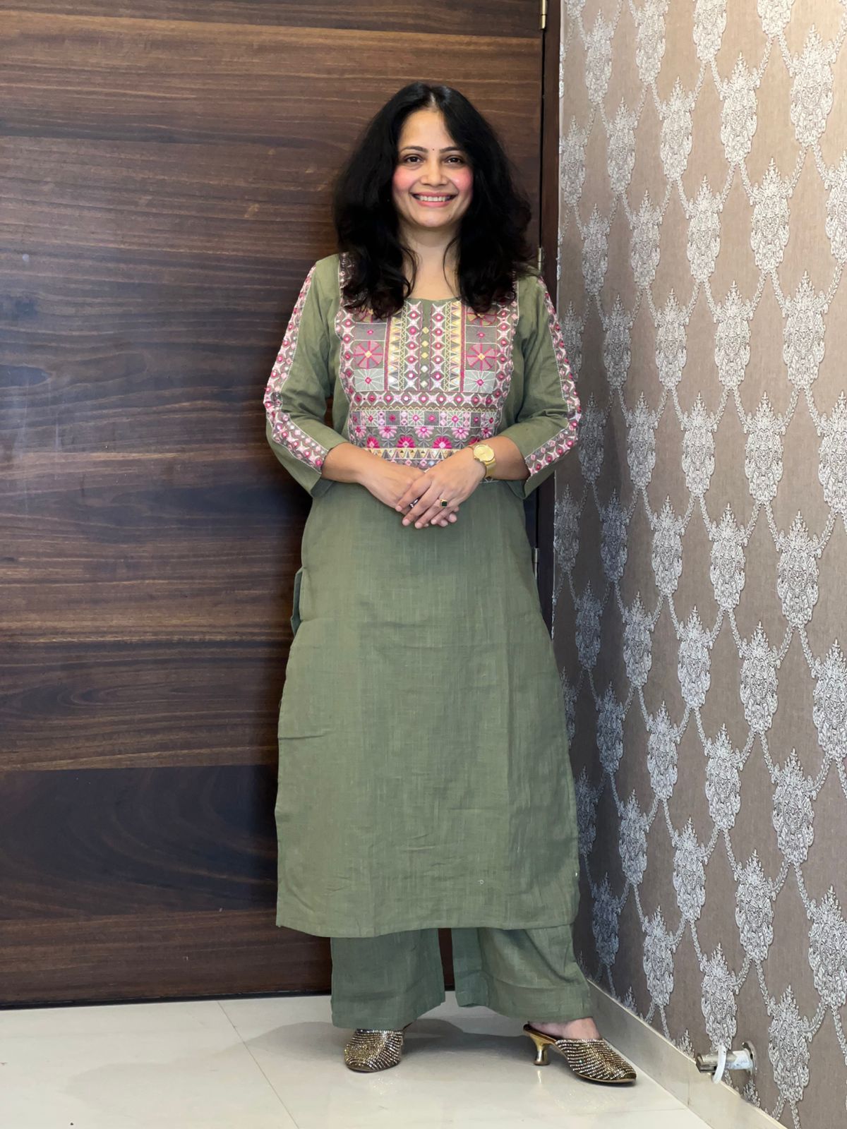 Moss Green Colour Cotton Slub Dupatta Set