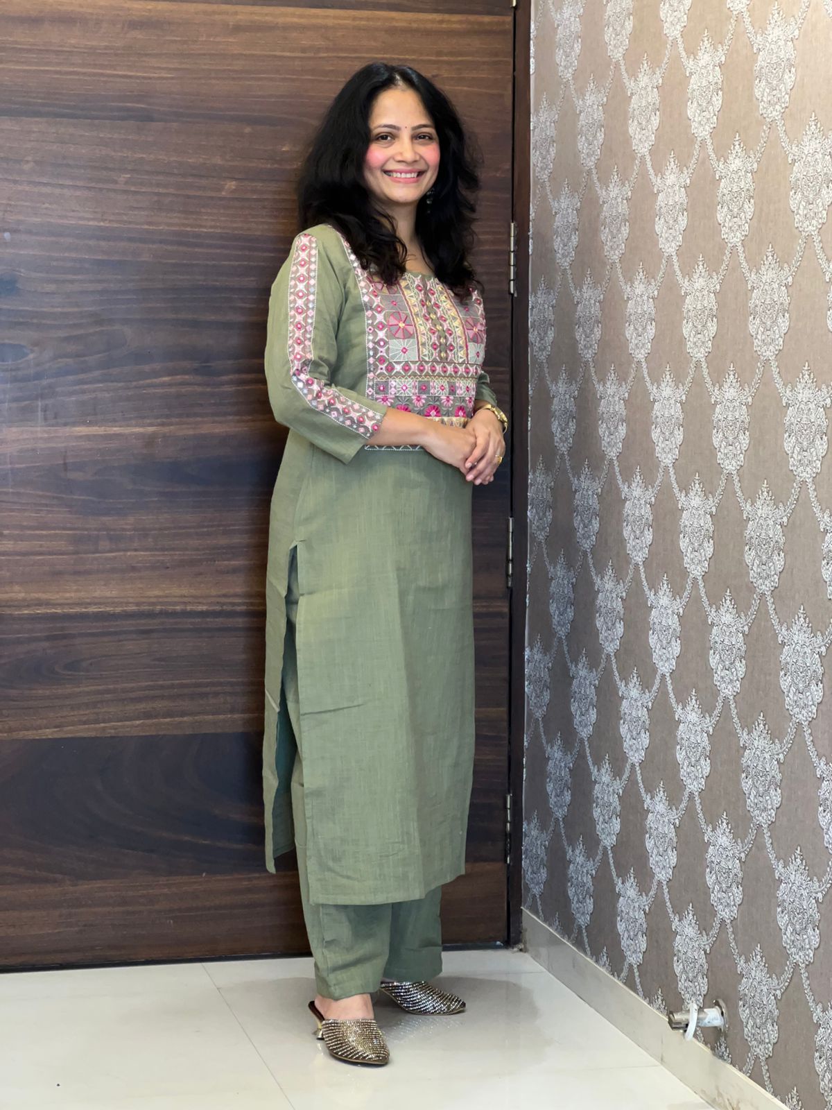 Moss Green Colour Cotton Slub Dupatta Set