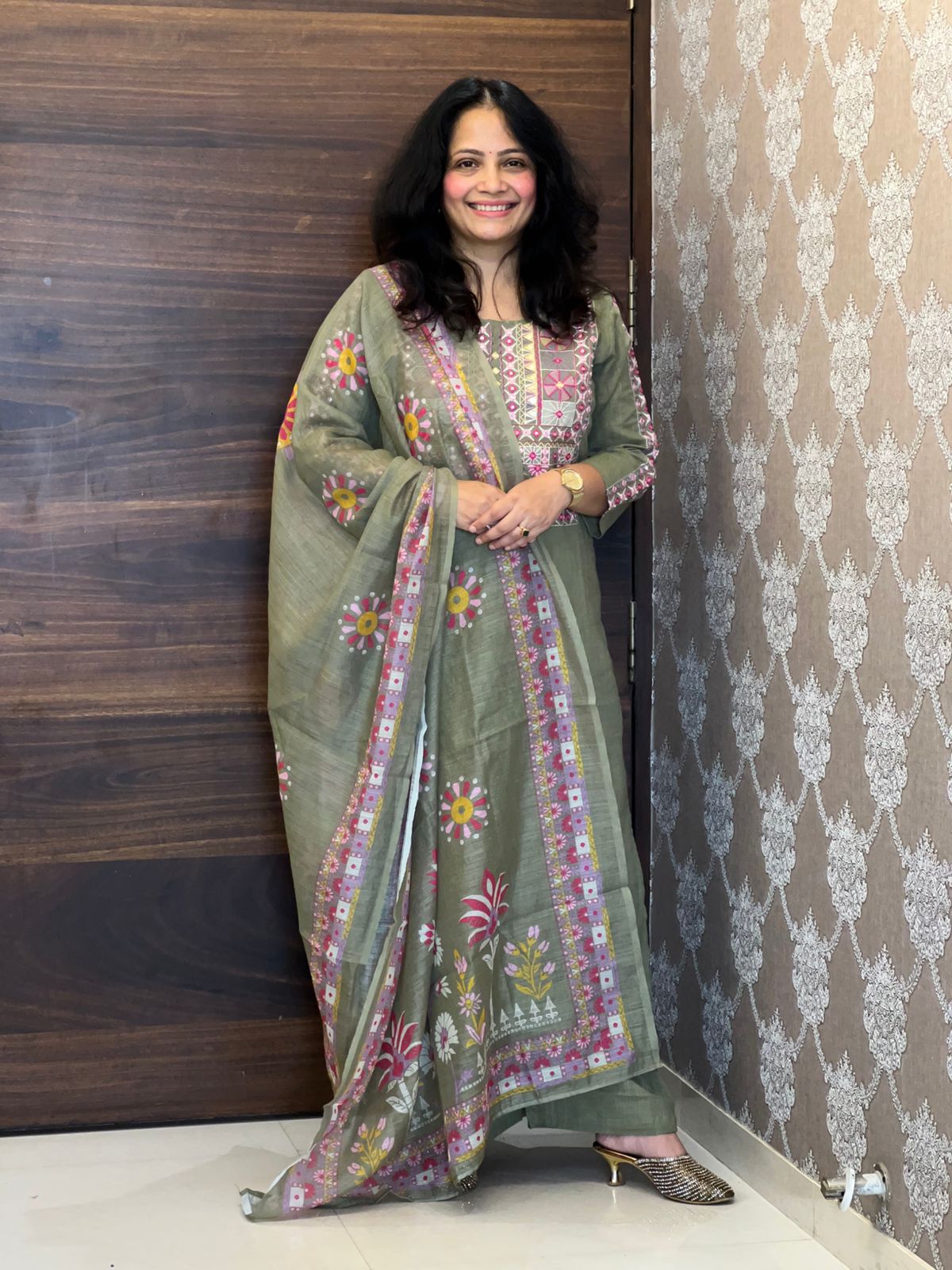 Moss Green Colour Cotton Slub Dupatta Set