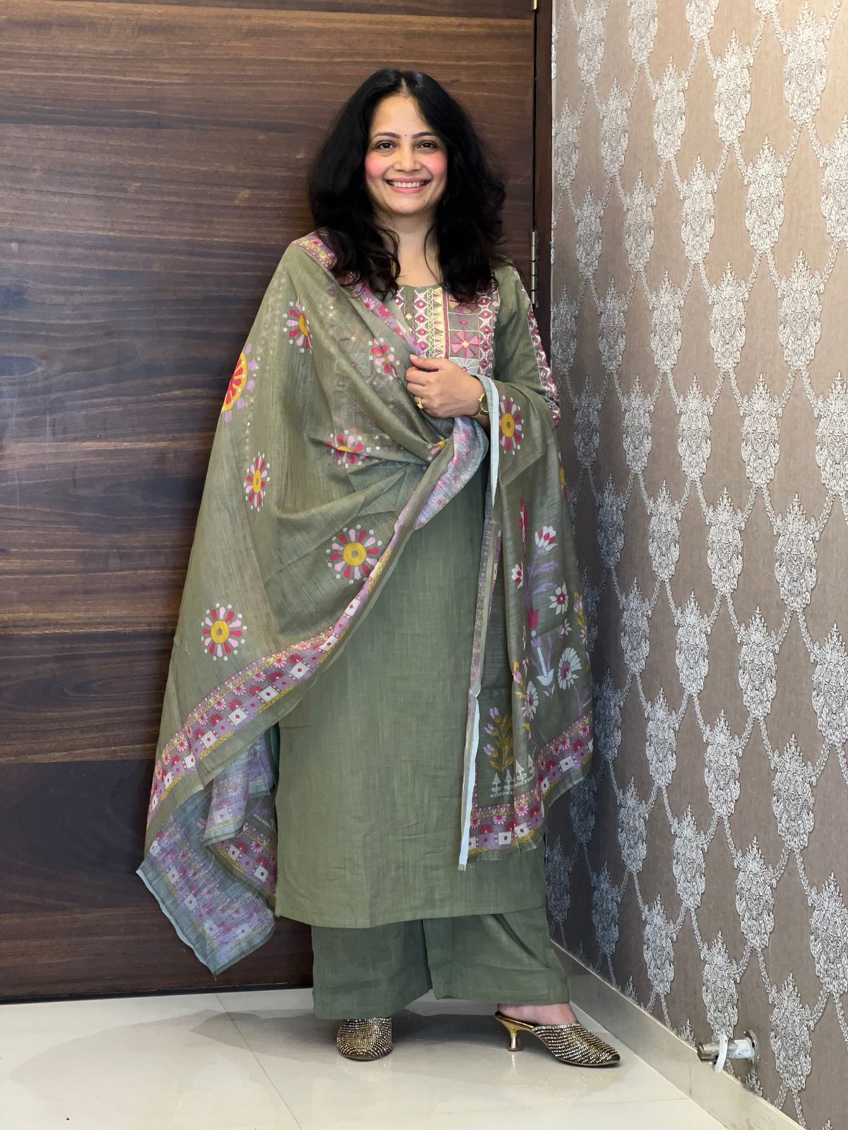 Moss Green Colour Cotton Slub Dupatta Set