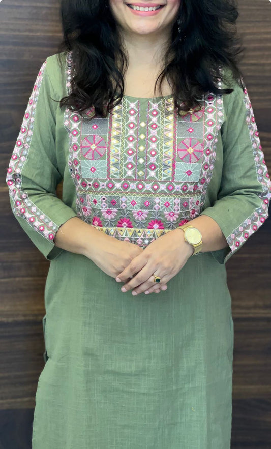 Moss Green Colour Cotton Slub Dupatta Set