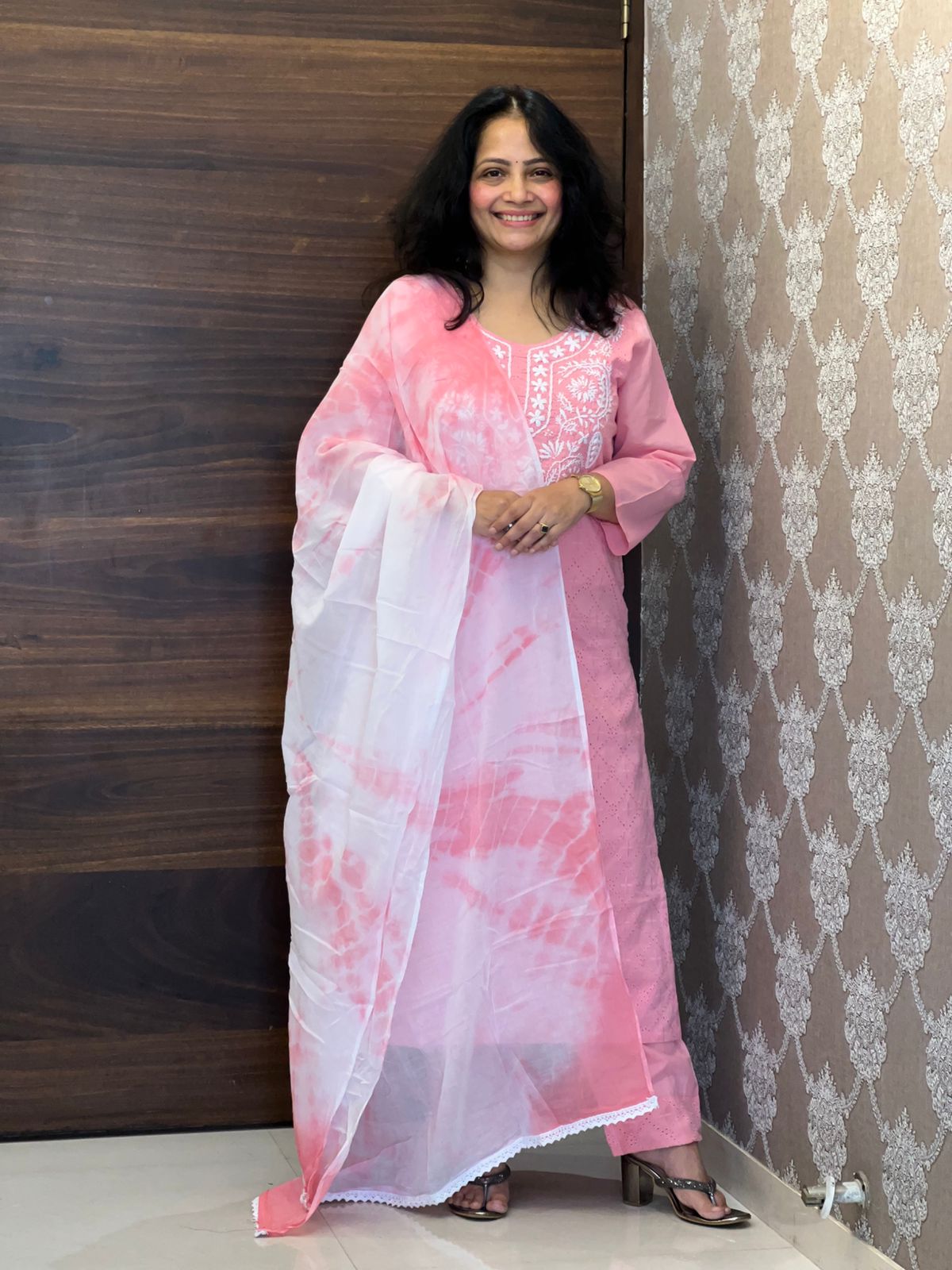 Soft Pastel Pink Colour Schiffli Cotton Dupatta Set