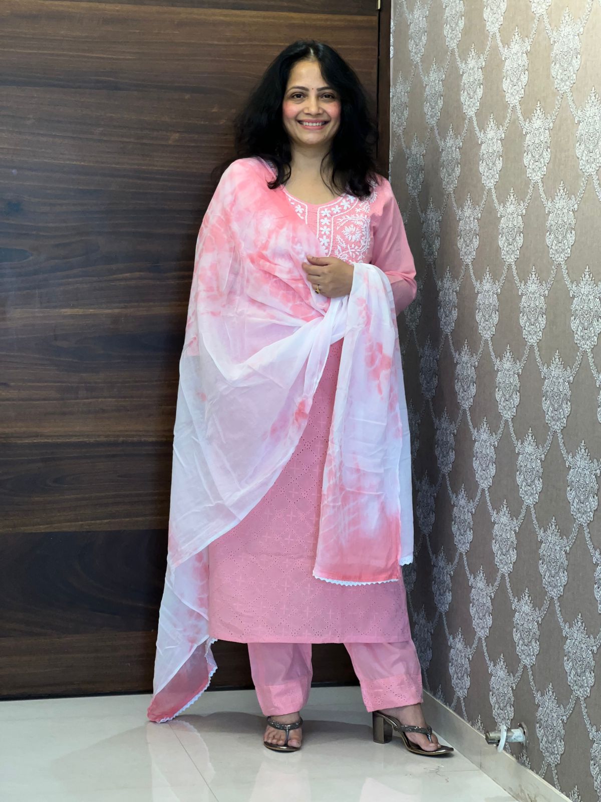 Soft Pastel Pink Colour Schiffli Cotton Dupatta Set