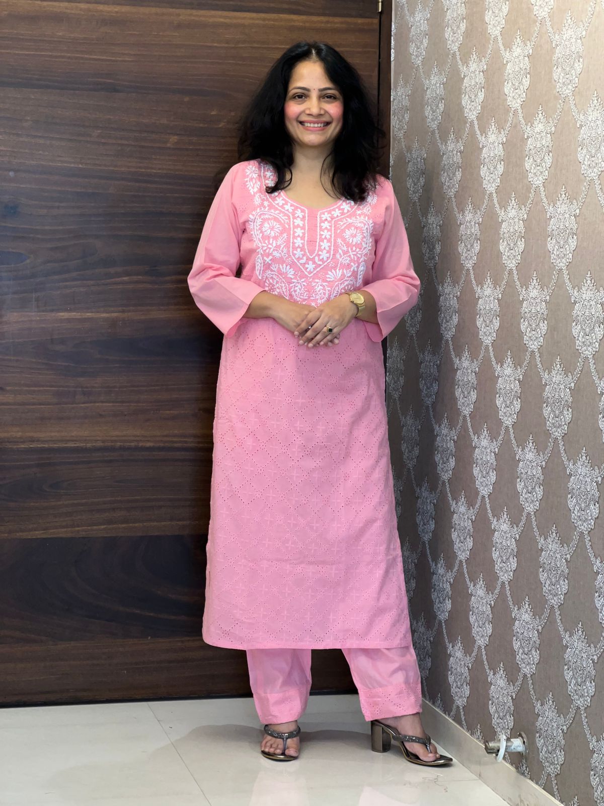 Soft Pastel Pink Colour Schiffli Cotton Dupatta Set