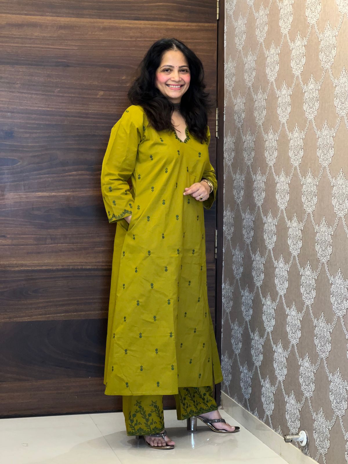 Green Color Pure Cotton A Line Kurti With Palazzo