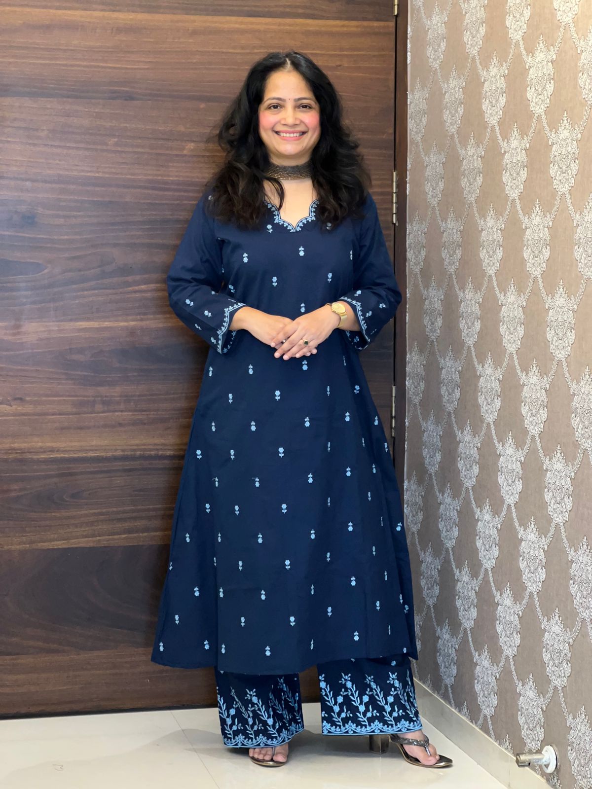 Blue Color Pure Cotton A Line Kurti With Palazzo