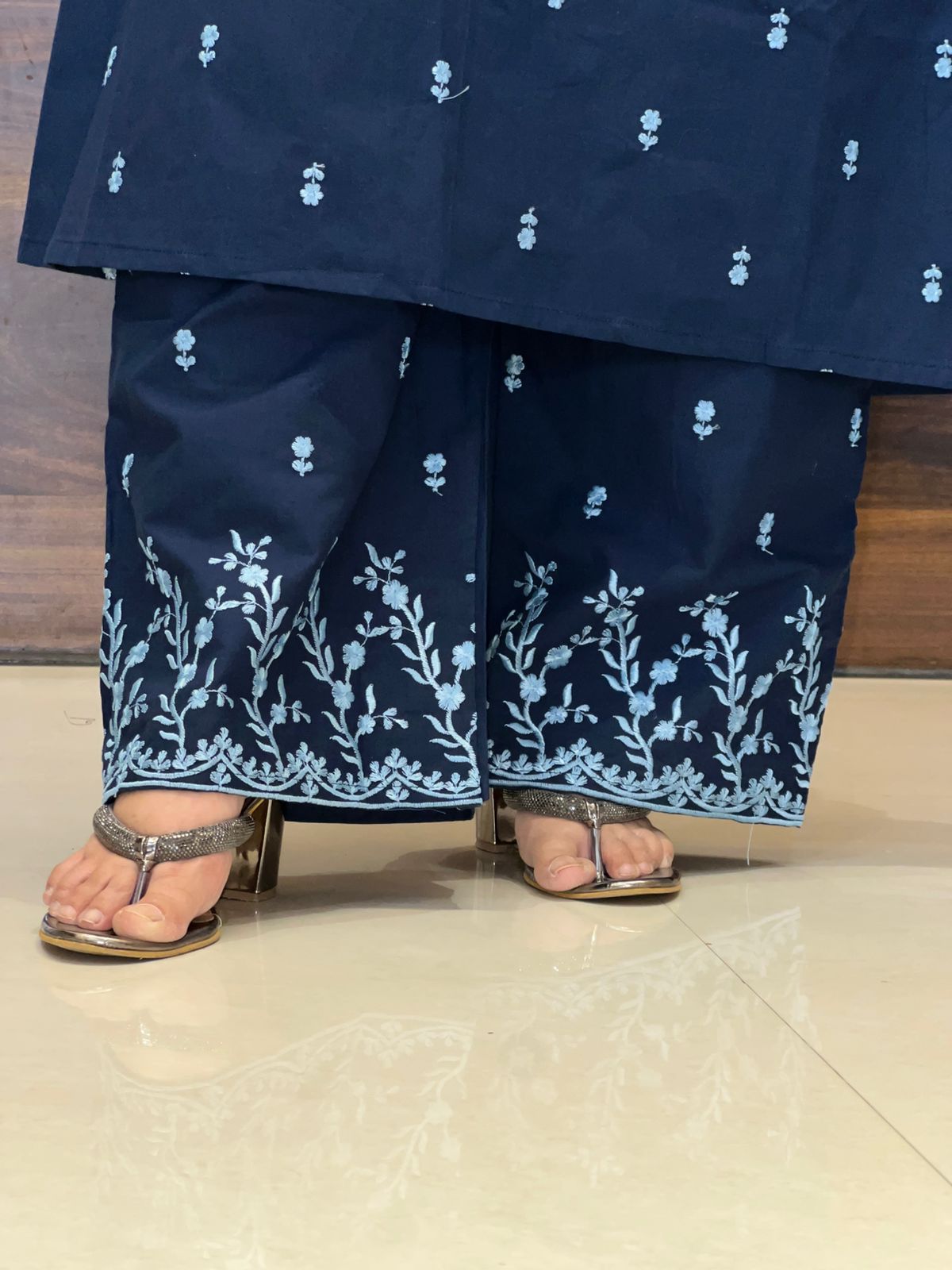 Blue Color Pure Cotton A Line Kurti With Palazzo