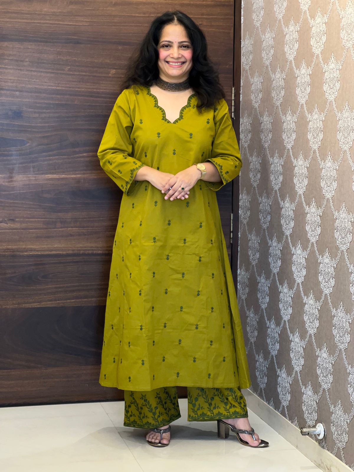 Green Color Pure Cotton A Line Kurti With Palazzo