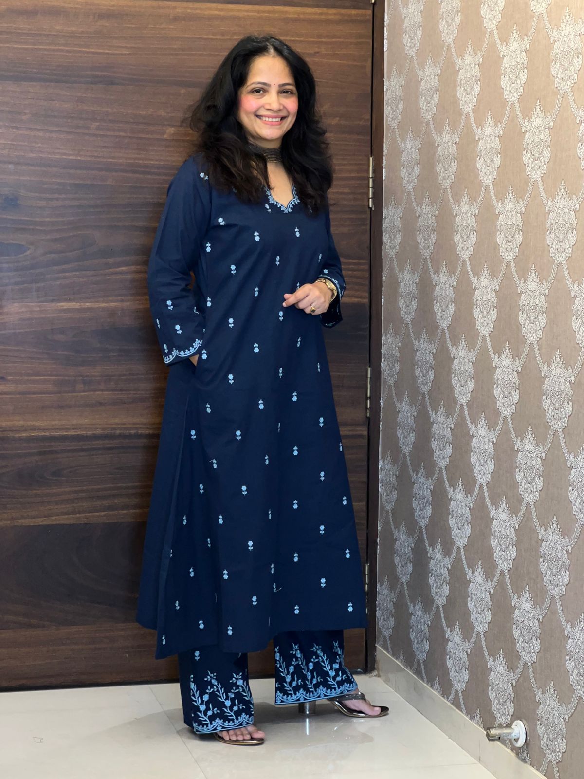Blue Color Pure Cotton A Line Kurti With Palazzo