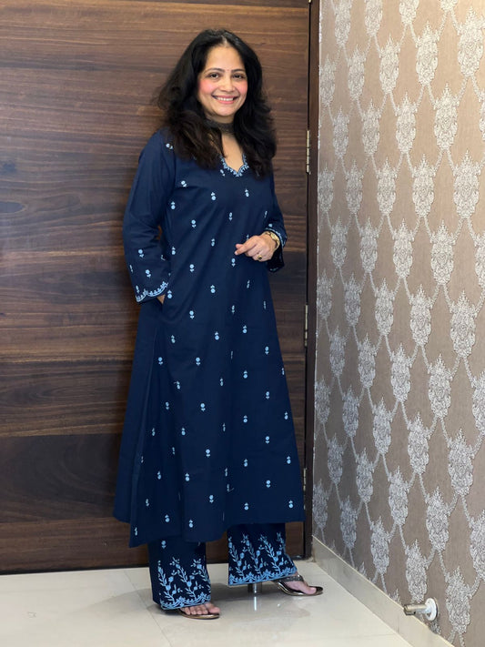 Blue Color Pure Cotton A Line Kurti With Palazzo