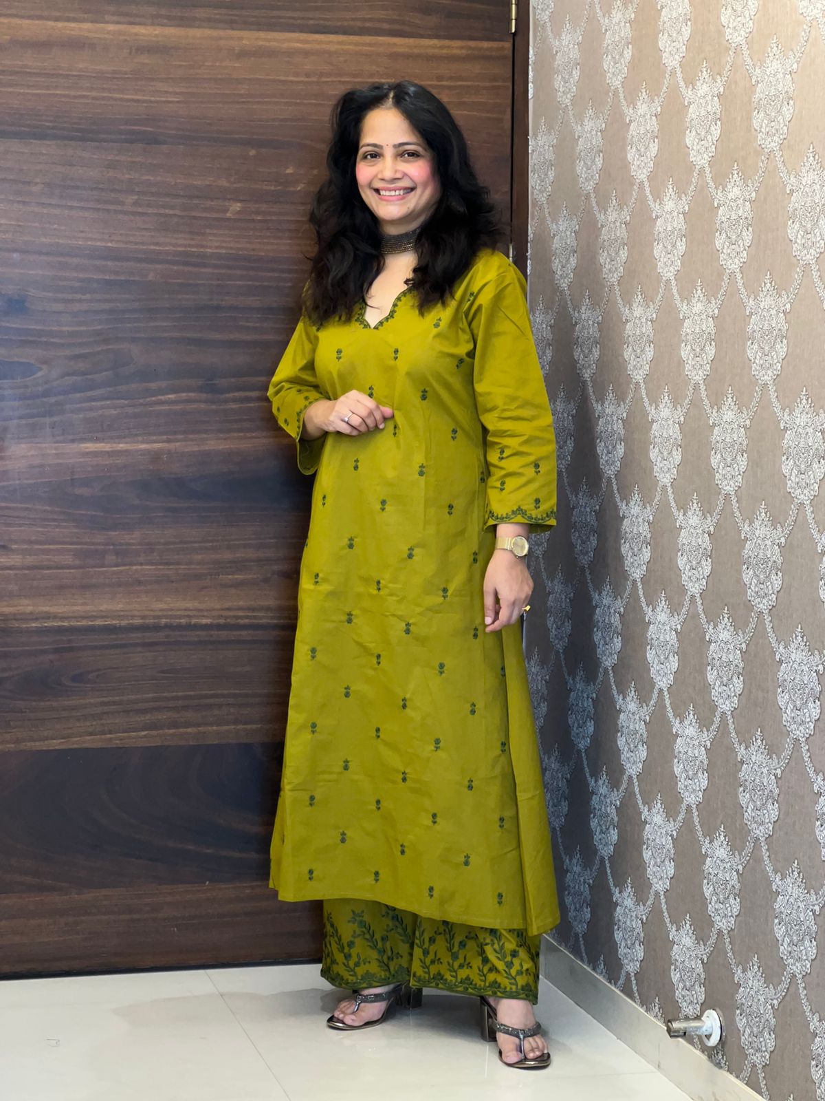 Green Color Pure Cotton A Line Kurti With Palazzo