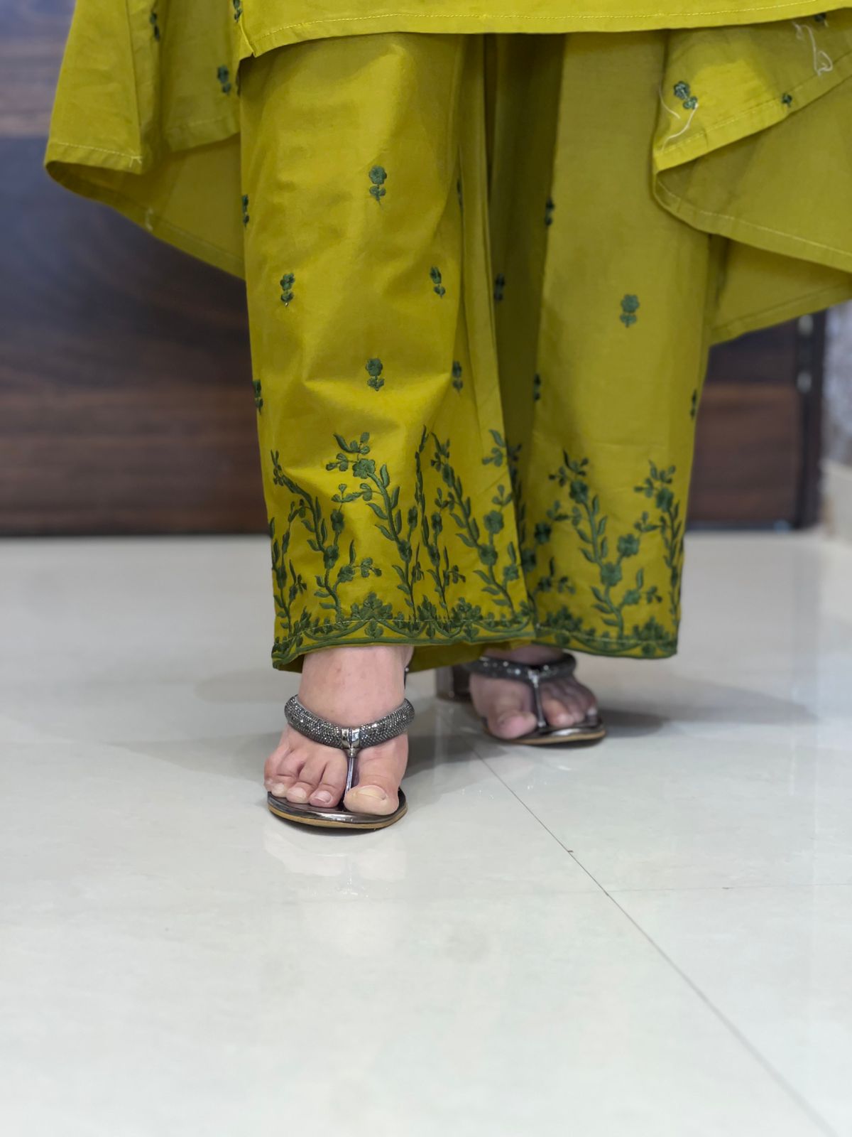 Green Color Pure Cotton A Line Kurti With Palazzo