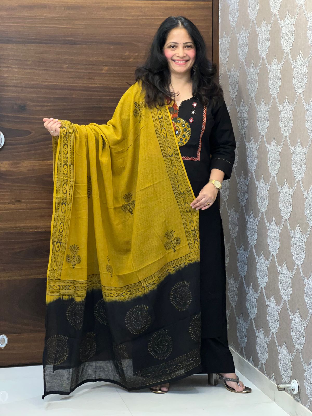 Black-Yellow Colour Dabu Cotton Dupatta Set