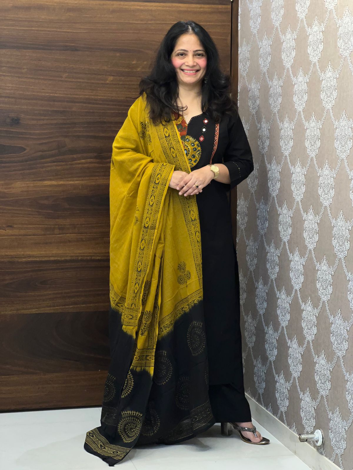 Black-Yellow Colour Dabu Cotton Dupatta Set
