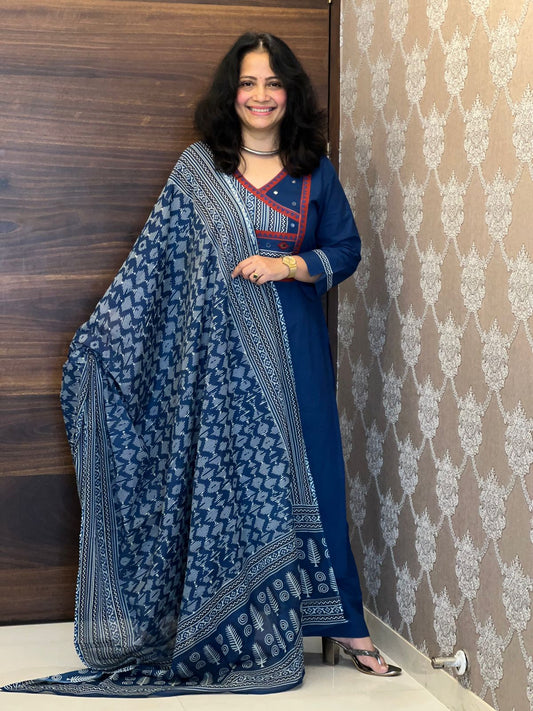 Blue Colour Pure Cotton Dupatta Set