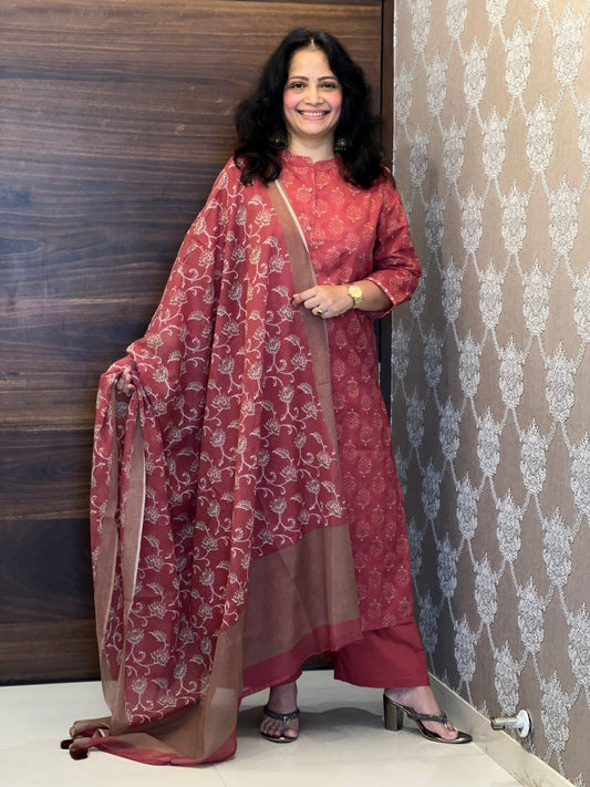 Brick Colour Pure Cotton Dupatta Set