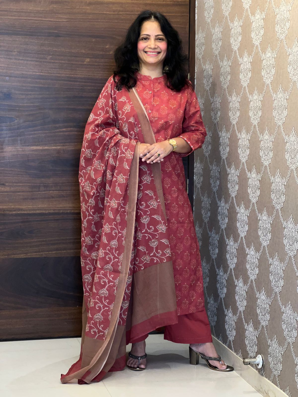 Brick Colour Pure Cotton Dupatta Set