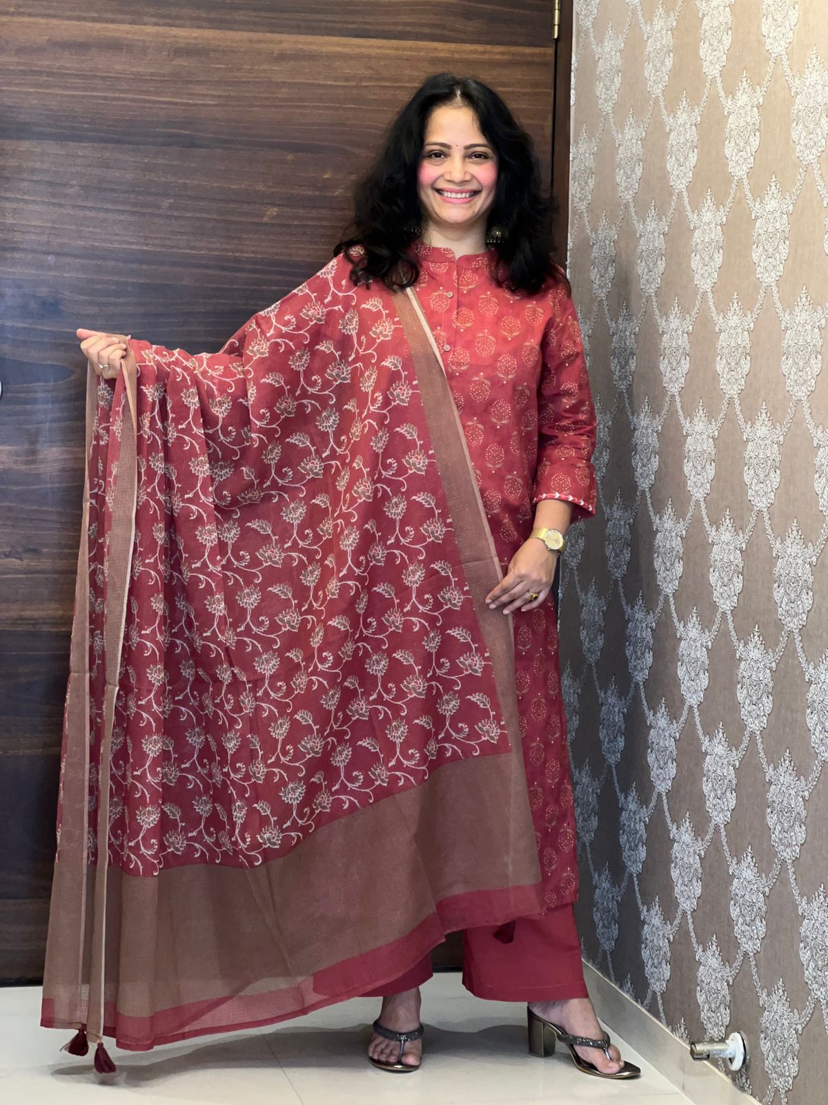 Brick Colour Pure Cotton Dupatta Set