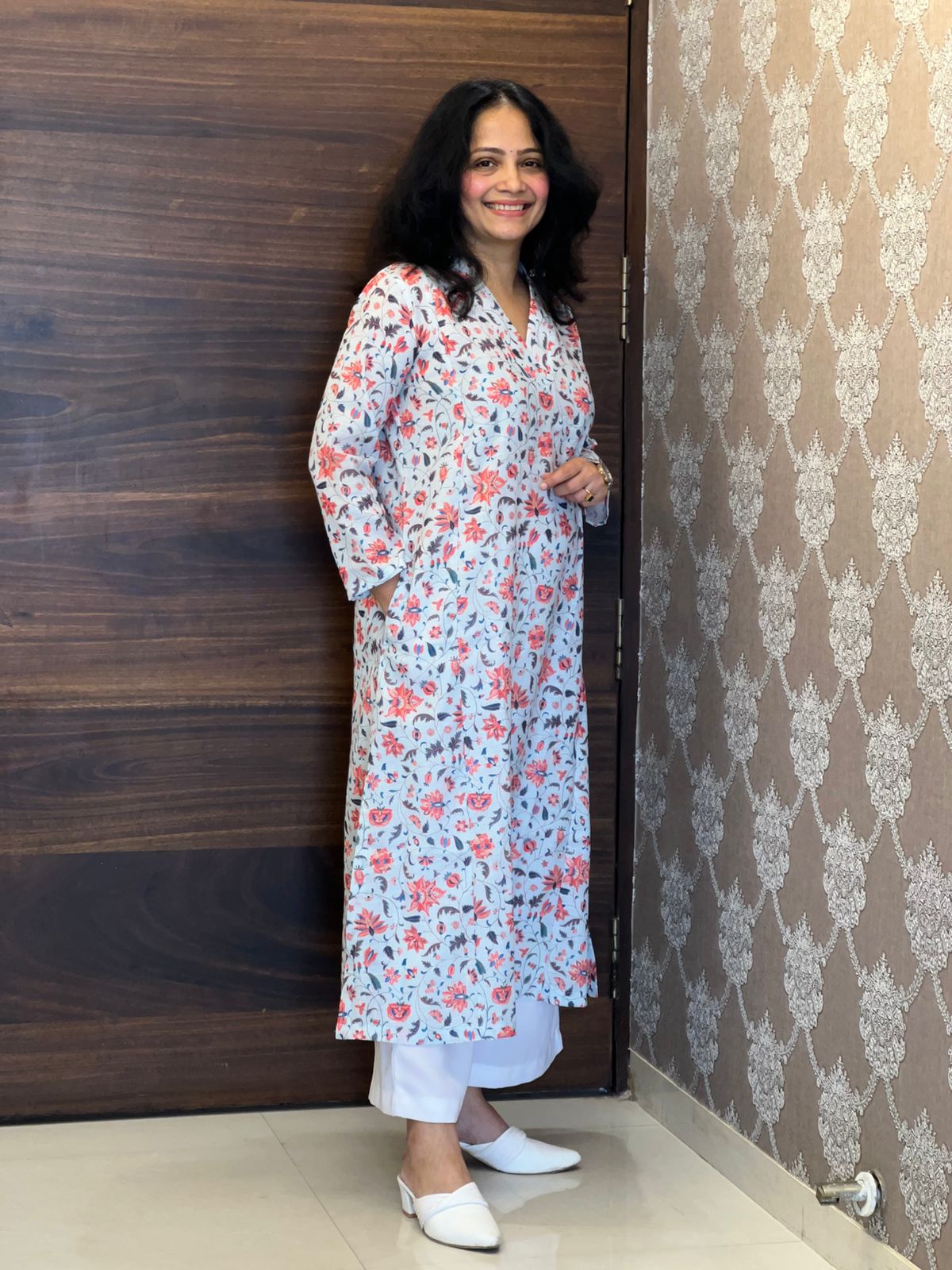 Powder Blue Kalamkari Digital Print Linen A-Line Kurti