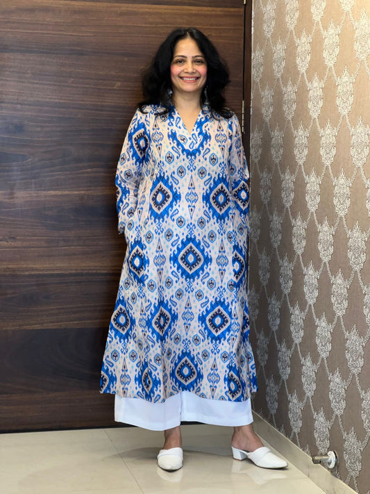 Blue & Lvory Ikkat Digital Print Linen A-Line Kurti