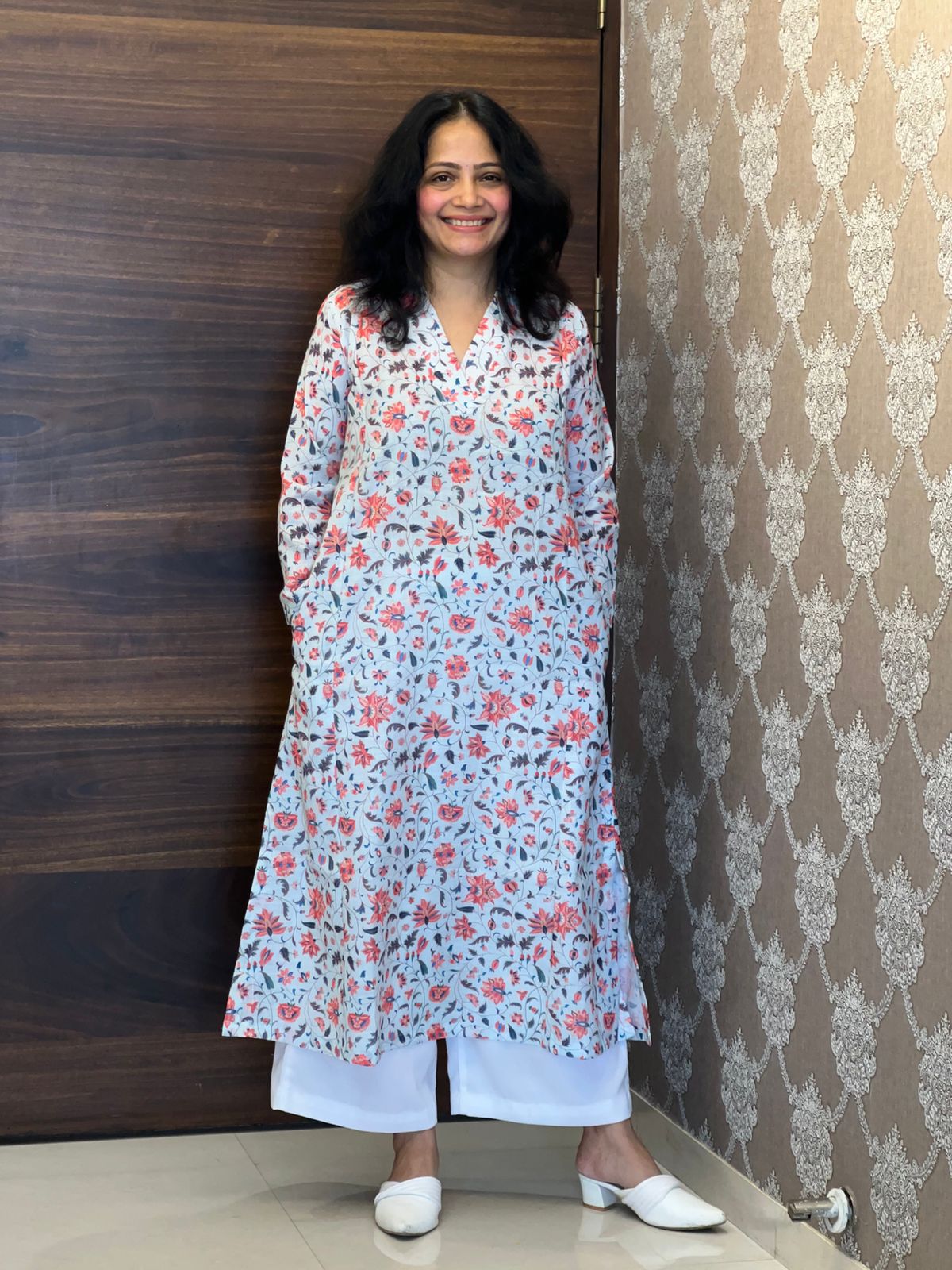 Powder Blue Kalamkari Digital Print Linen A-Line Kurti