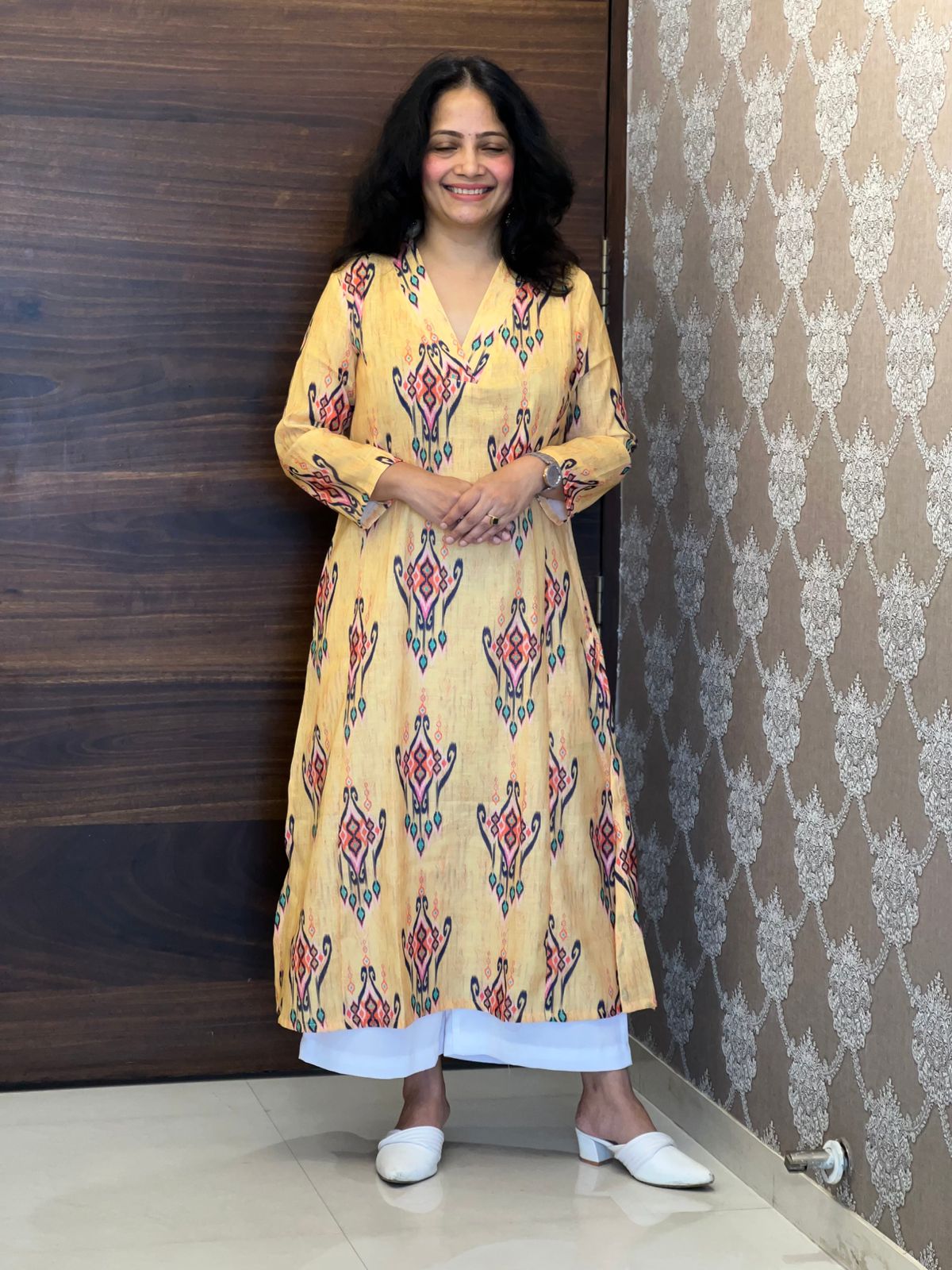 Yellow Ikkat Digital Print Linen A-Line Kurti